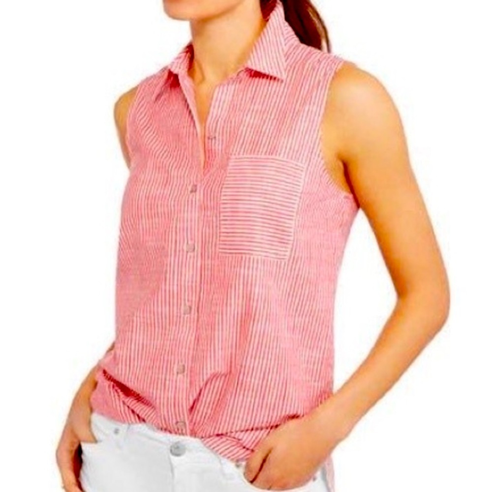Faded Glory Size L (12-14) Red/White Stripe Cotton Sleeveless Button Front Top